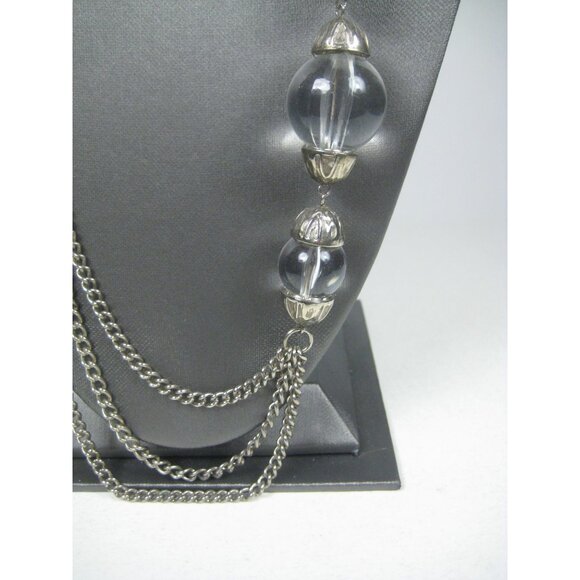 Silvertone Multi Strand Chain Necklace Clear Lucite Beads Mesh Spheres 33 inch - Picture 7 of 11
